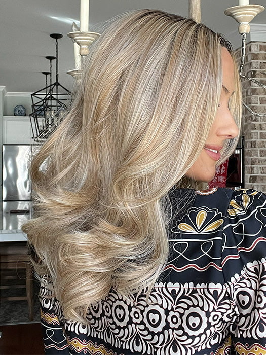 Jenna Fail @jenna_fail wearing BEAUTY REIGN by GABOR in color GF14-88SS GOLDEN WHEAT | Dark Blonde evenly Blended with Pale Blonde Highlights and Dark Roots
