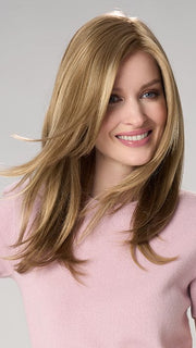 Model is wearing BELINDA HAND TIED by ENVY in color DARK BLONDE | 2 toned blend of Dark Honey Blonde with Lighter Blonde highlights