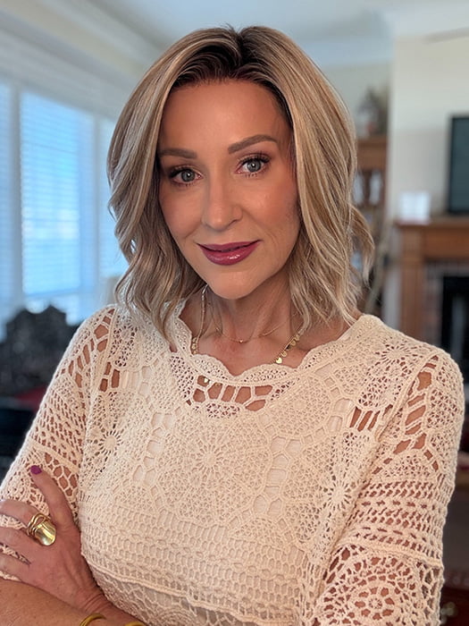 Eileen @crazywiglady is wearing BERRY by BELLE TRESS in color BUTTERCAKE BLONDE-R | A neutral-warm blonde blend featuring light brown, ash, and lightest blonde tones with natural-looking darker roots for added depth and realism.