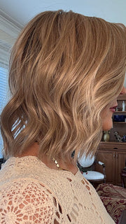 Eileen @crazywiglady is wearing BERRY by BELLE TRESS in color BUTTERCAKE BLONDE-R | A neutral-warm blonde blend featuring light brown, ash, and lightest blonde tones with natural-looking darker roots for added depth and realism.