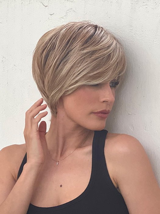 Roxie wearing color GF14-22SS WHEAT | Dark Blonde Evenly Blended with Platinum Blonde with Dark Roots