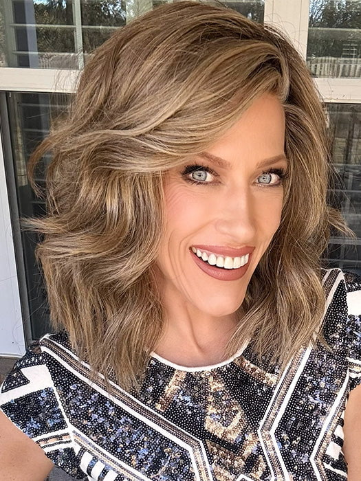 Kristyna Moore @kristynamoore wearing BIG SPENDER by RAQUEL WELCH in color RL10/22SS SHADED ICED CAPPUCCINO | Light Brown shaded with Medium Blonde