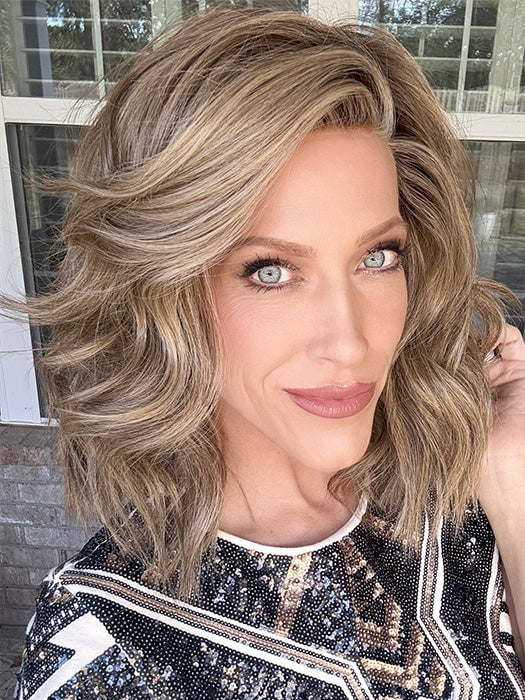 Kristyna Moore @kristynamoore wearing BIG SPENDER by RAQUEL WELCH in color RL10/22SS SHADED ICED CAPPUCCINO | Light Brown shaded with Medium Blonde