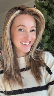 Carlyn @carlynwilson84 wearing BIRKIN by BELLE TRESS in color BROWN SUGAR BLONDE-R | A warm, dimensional blend of medium brown and golden blonde highlights with natural-looking darker roots for depth and a sun-kissed finish.