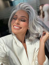 Model is wearing SAGE by ESTETICA in color R51LF60 | Off Black with 75% Grey Lightening to Gold Blonde Mix in Front