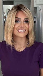 Crystal @crystallhoneycutt wearing LONGING FOR LONDON by RAQUEL WELCH in color RH14/25SS SHADED HONEY GINGER | Dark Blonde Evenly Blended with Medium Golden Blonde with dark roots