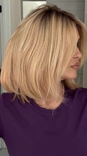 Crystal @crystallhoneycutt wearing LONGING FOR LONDON by RAQUEL WELCH in color RH14/25SS SHADED HONEY GINGER | Dark Blonde Evenly Blended with Medium Golden Blonde with dark roots