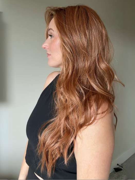 Carly N. @carlynwilson84 wearing RUNWAY REHEARSAL by RAQUEL WELCH in color RL29/33SS ICED PUMPKIN SPICE | Strawberry Blonde shaded with Dark Red-Brown