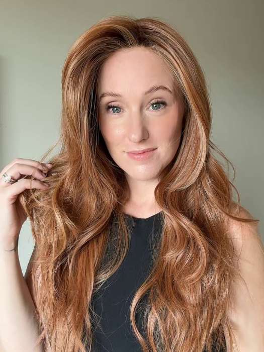Carly N. @carlynwilson84 wearing RUNWAY REHEARSAL by RAQUEL WELCH in color RL29/33SS ICED PUMPKIN SPICE | Strawberry Blonde shaded with Dark Red-Brown