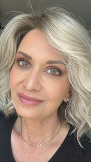 Emily H. @she_sheds_more wearing JANUARY (HAND TIED) by JON RENAU in color FS17/101S18 PALM SPRINGS BLONDE | Light Ash Blonde with Pure White Natural Violet Bold Highlights, Shaded with Dark Natural Ash Blonde