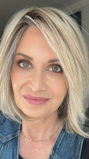 Emily H. @she_sheds_more wearing PORTRAIT MODE by RAQUEL WELCH in shade RL19/23SS SHADED BISCUIT | Light Ash Blonde Evenly Blended with Cool Platinum Blonde with Dark Roots
