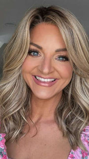 Sandy @i_be_wiggin wearing LAGUNA BEACH by BELLE TRESS in color RAW SUGAR BLONDE | A Neutral Light Blonde, Honey Blonde, Pale Gold Blonde, with a base of Light Brown Low Lights featuring a Medium Root Color