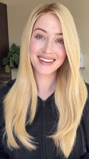 Steph B. @wigswithsteph wearing OBSESSION by ELLEN WILLE in shade CHAMPAGNE ROOTED | Light Ash Blonde, Medium Golden Blonde,and Medium Honey Blonde blend and Dark Roots