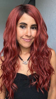 Lorena @faux.hurr.lifee wearing BROOKLYN by RENE OF PARIS in shade HENNA-RED-R | Bright and Vibrant Red with Cherry Undertones, Rooted with Rich Coffee Bean Brown 