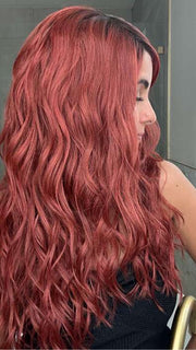 Lorena @faux.hurr.lifee wearing BROOKLYN by RENE OF PARIS in shade HENNA-RED-R | Bright and Vibrant Red with Cherry Undertones, Rooted with Rich Coffee Bean Brown 