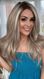 Crystal @crystallhoneycutt wearing ANGELICA PM by NORIKO in shade ARABIAN SAND™ | Neutral Chocolate Brown Roots fade into a Neutral Blonde Base, blended with Sandy, Chestnut, Golden, and Honey Blondes, with Soft Creamy Blonde Highlights and Face-Framing Lowlights