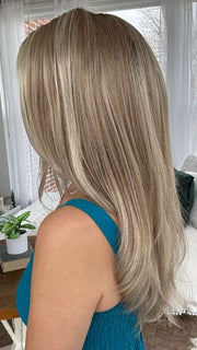 Crystal @crystallhoneycutt wearing ANGELICA PM by NORIKO in shade ARABIAN SAND™ | Neutral Chocolate Brown Roots fade into a Neutral Blonde Base, blended with Sandy, Chestnut, Golden, and Honey Blondes, with Soft Creamy Blonde Highlights and Face-Framing Lowlights