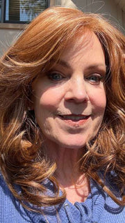 Susan @an_affair_with_hair wearing CURVE APPEAL by RAQUEL WELCH in color RL30/27 RUSTY AUBURN | Medium Auburn Evenly Blended with Strawberry Blonde