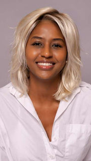 Model is wearing MELLOW by ESTETICA in shade SPF BLONDE | Golden Blonde, Pale Blonde, Iced Blonde Blended with Soft Brown Roots