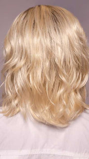 Model is wearing MELLOW by ESTETICA in shade SPF BLONDE | Golden Blonde, Pale Blonde, Iced Blonde Blended with Soft Brown Roots