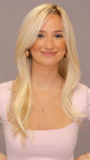 Model is wearing LOCKLAN by ESTETICA in shade SPF BLONDE | Golden Blonde, Pale Blonde, Iced Blonde Blended with Soft Brown Roots