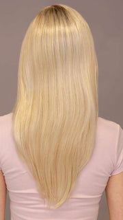 Model is wearing LOCKLAN by ESTETICA in shade SPF BLONDE | Golden Blonde, Pale Blonde, Iced Blonde Blended with Soft Brown Roots