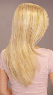 Model is wearing LOCKLAN by ESTETICA in shade SPF BLONDE | Golden Blonde, Pale Blonde, Iced Blonde Blended with Soft Brown Roots