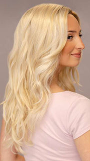 Model is wearing BLAZE by ESTETICA in shade SPF BLONDE | Golden Blonde, Pale Blonde, Iced Blonde Blended with Soft Brown Roots