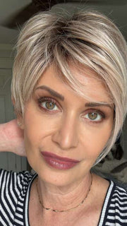 Emily H. @she_sheds_more wearing LINK by ELLEN WILLE in color PEARL BLONDE ROOTED 101.20.23 | Pearl Platinum, Dark Ash Blonde, and Medium Honey Blonde mix