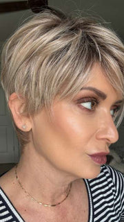Emily H. @she_sheds_more wearing LINK by ELLEN WILLE in color PEARL BLONDE ROOTED 101.20.23 | Pearl Platinum, Dark Ash Blonde, and Medium Honey Blonde mix
