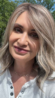 Emily H. @she_sheds_more wearing SIMMER ELITE by RAQUEL WELCH in color RL12/22SS SHADED CAPPUCCINO | Light Golden Brown Evenly Blended with Cool Platinum Blonde Highlights with Dark Roots