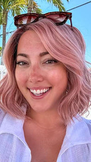 Jen Brown @being_mrs_brown wearing NYX by RENE OF PARIS in color WATERMELON-R | Rich Pastel Pink Base with Subtle Soft Reddish Tone and Soft Dark Brown Roots