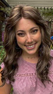 Jen Brown @being_mrs_brown wearing Sarah by Jon Renau in color 8RH14 MOUSSE CAKE | Medium Brown with 33% Medium Natural Blonde Highlights