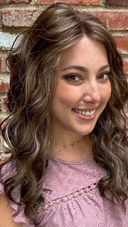Jen Brown @being_mrs_brown wearing Sarah by Jon Renau in color 8RH14 MOUSSE CAKE | Medium Brown with 33% Medium Natural Blonde Highlights