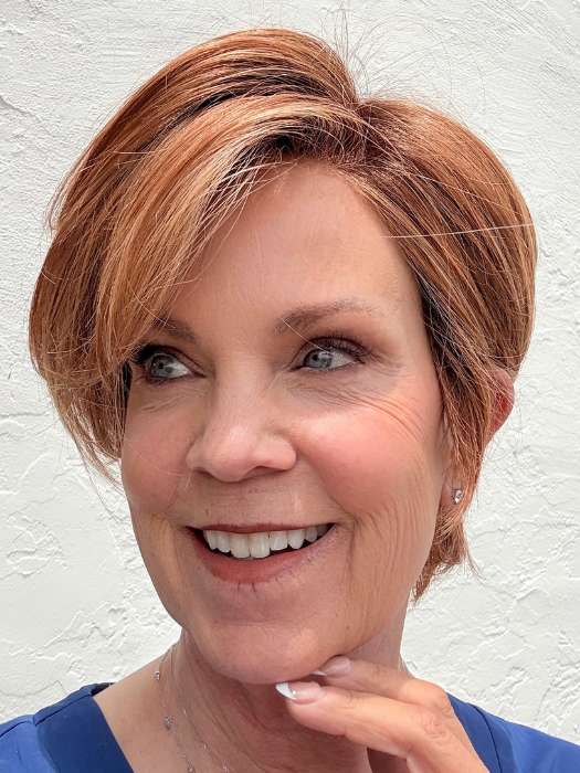 Susan @an_affair_with_hair wearing POSH PREMIERE by RAQUEL WELCH in shade RL29/33SS ICED PUMPKIN SPICE | Strawberry Blonde shaded with Dark Red-Brown