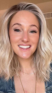 Carlyn @carlynwilson84 wearing WAVY DAY by RAQUEL WELCH in color RL19/23SS SHADED BISCUIT | Light Ash Blonde Evenly Blended with Cool Platinum Blonde with Dark Roots