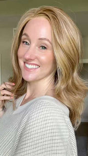 Carlyn @carlynwilson84 wearing LEONI by RENE OF PARIS in color CINDER-TOFFEE | Blonde blended with Toffee, Burnt Toffee, Fudge Blonde, Milk Chocolate, and Deep Golden Blonde Tones