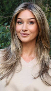 Heather @cjswigs wearing ZARA LITE by JON RENAU in color 24BT18S8 SHADED MOCHA | Medium Natural Ash Blonde & Light Natural Gold Blonde Blend, Shaded with Medium Brown