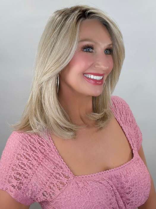 Kim @letstalkwithkim wearing OWN THE ROOM by GABOR in color GF19-23SS BISCUIT | Light Ash Blonde Evenly Blended with Cool Platinum Blonde with Dark Roots