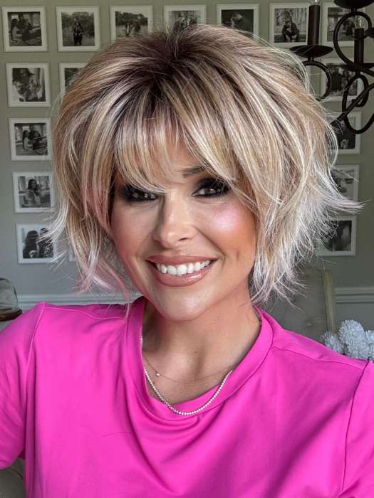 Crystal @crystallhoneycutt wearing JOSS by RENE OF PARIS in color MELTED-MARSHMALLOW | Subtly Warm Dark Sandy Blonde Blend with Medium Brown Roots and Light Ash Blonde Tips and Highlights