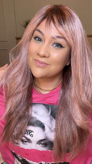 @_kendradarling_  is wearing WREN by RENE OF PARIS in color WATERMELON-R | Rich Pastel Pink Base with Subtle Soft Reddish Tone and Soft Dark Brown Roots