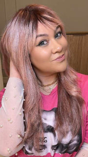 @_kendradarling_  is wearing WREN by RENE OF PARIS in color WATERMELON-R | Rich Pastel Pink Base with Subtle Soft Reddish Tone and Soft Dark Brown Roots