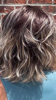 Crystal @crystallhoneycutt wearing MELLOW by ESTETICA in color AMERICANO | Dark Brown Base with Medium Golden Brown, Pale Blonde, and Platinum Blonde Highlights