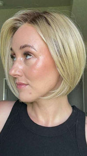 Carly @carlynwilson84 wearing DUA by ELLEN WILLE in color BAHAMA BEIGE SHADED 16.25.20 | Medium Blonde and Lightest Golden Blonde with Light Strawberry Blonde Blend and Shaded Roots
