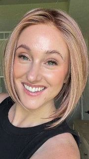 Carly @carlynwilson84 wearing DUA by ELLEN WILLE in color ROSEWOOD-BROWN-SHADED | Medium Brown, Caramel, and Rose Gold blend with Dark shaded Roots