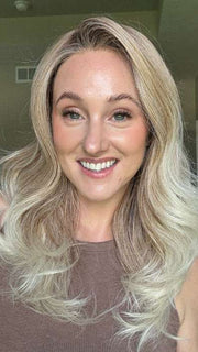 Carly @carlynwilson84 wearing DIVA by ELLEN WILLE in color CANDY-BLONDE-ROOTED 101.27.60 | Dark Strawberry Blonde Tipped with Pearl Platinum & Pearl White with Dark Shaded Root  