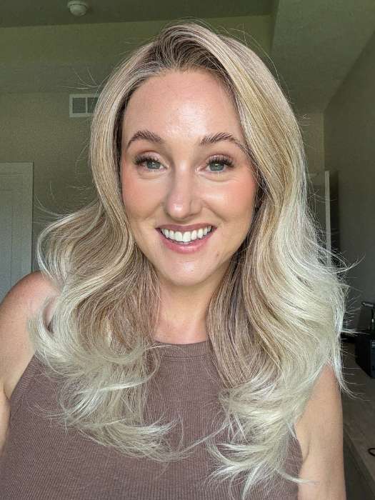 Carly @carlynwilson84 wearing DIVA by ELLEN WILLE in color CANDY-BLONDE-ROOTED 101.27.60 | Dark Strawberry Blonde Tipped with Pearl Platinum & Pearl White with Dark Shaded Root  