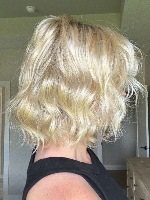 Carly N. @carlynwilson84 wearing JANUARY HAND-TIED by JON RENAU in color FS24/102S12 LAGUNA BLONDE | Light Natural Gold Blonde with Pale Natural Gold Blonde bold highlights, Shaded with Light Gold Brown