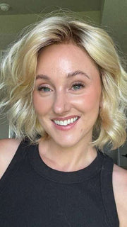 Carly N. @carlynwilson84 wearing JANUARY HAND-TIED by JON RENAU in color FS24/102S12 LAGUNA BLONDE | Light Natural Gold Blonde with Pale Natural Gold Blonde bold highlights, Shaded with Light Gold Brown