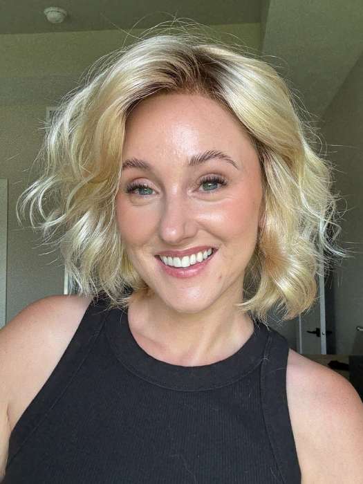 Carly N. @carlynwilson84 wearing JANUARY HAND-TIED by JON RENAU in color FS24/102S12 LAGUNA BLONDE | Light Natural Gold Blonde with Pale Natural Gold Blonde bold highlights, Shaded with Light Gold Brown